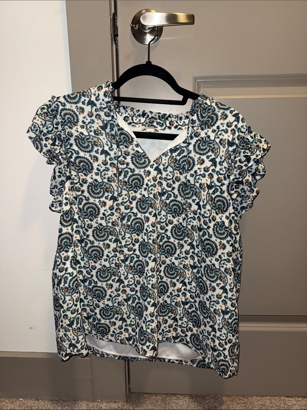 J. Crew Teal and White Paisley Ruffle Sleeve Blouse